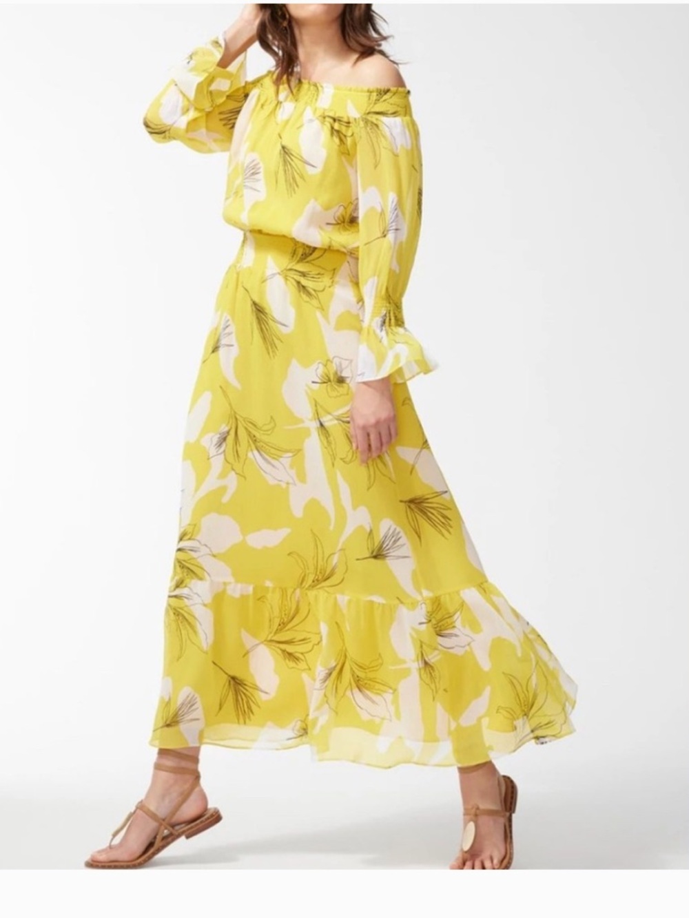 Chico's Yellow Floral Off Shoulder Smocked Maxi Dress Sz Chico’s 0.5 us 6 - Picture 5 of 6